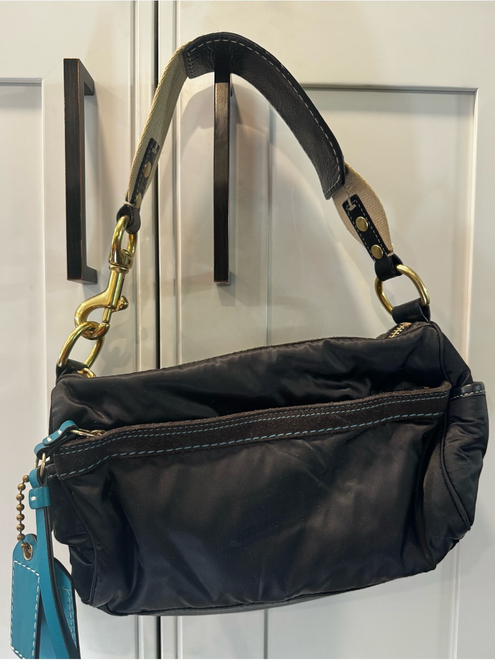 Vintage Coach Hampton Black Nylon Shoulder Bag with Teal Stitching and Interior